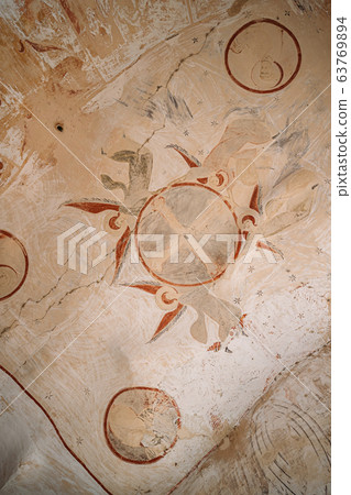 Ancient Frescoes In Walls Of Caves Of David Gareja Monastery Complex. Davit Gareji Monastery Is Located Is Southeast Of Tbilisi, In Historical Region Sagarejo. It Was Founded In 6th Century 63769894