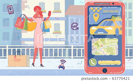 Cartoon Woman with Shopping Bag Order Taxi Car Cartoon Woman with Shopping Bag Order Taxi Car 63770421
