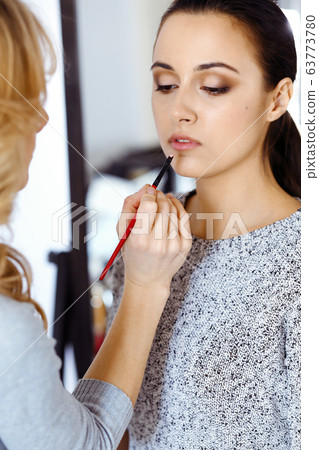 Professional makeup artist working with beautiful young woman. Bridal, fashion or nude style Professional makeup artist working with beautiful young woman. Bridal, fashion or nude style 63773780