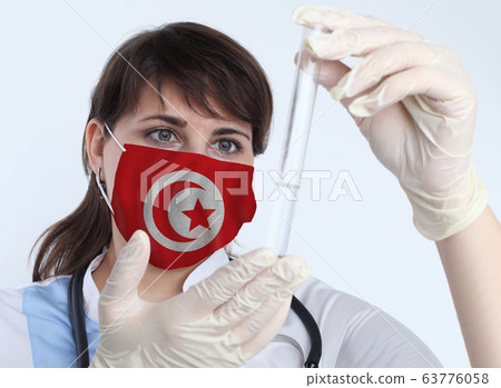 Scientist woman and mask with Tunisia flag. Scientist woman and mask with Tunisia flag. 63776058