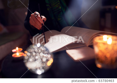 Female fortune-teller's hands, predictions books, predictions ball 63780463