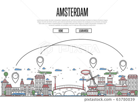 Air travel to Amsterdam poster in linear style 63780839