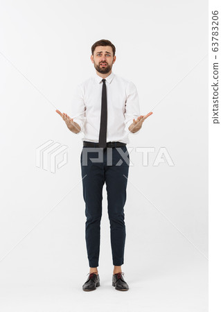 Full length Portrait angry business man feeling bad over white background Full length Portrait angry business man feeling bad over white background 63783206