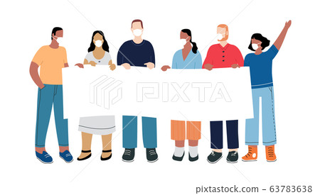 A group of people protest with a transparency against unemployment caused by the epidemic of the coronavirus COVID-19. Illustration in a flat style. 63783638