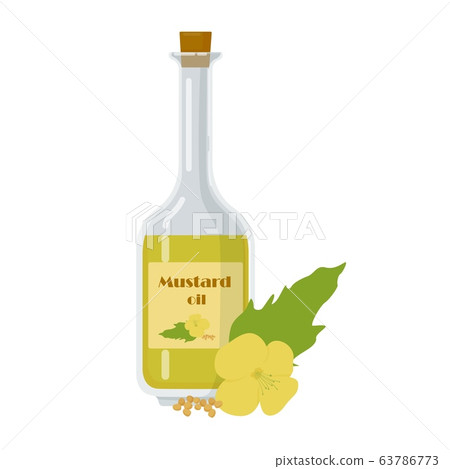 Mustard oil in glass bottle isolated on white background. 63786773