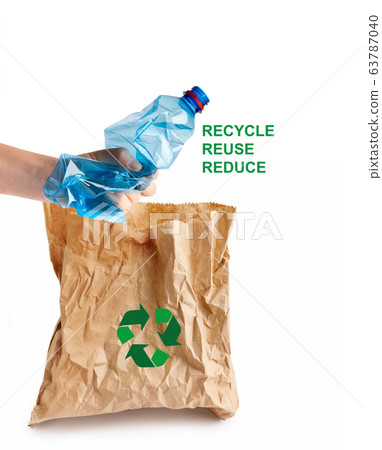 Waste recovery. Person holding plastic bottle and paper bag with recycling symbol on white background, collage Waste recovery. Person holding plastic bottle and paper bag with recycling symbol on white background, collage 63787040