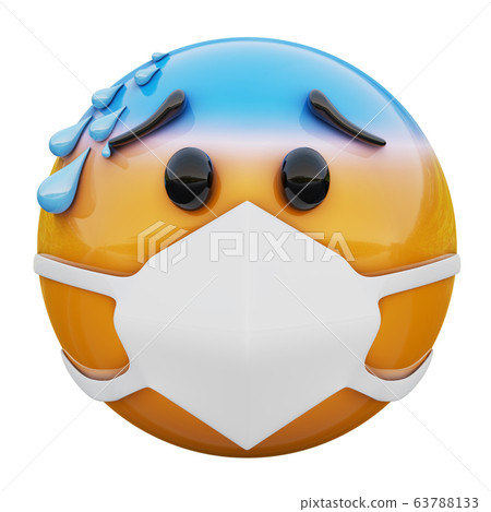 3D render of yellow emoji  face  with cold sweat and medical mask protecting from coronavirus 2019-nCoV, MERS-nCoV, sars, bird flu and other viruses, germs and bacteria and contagious disease. 63788133