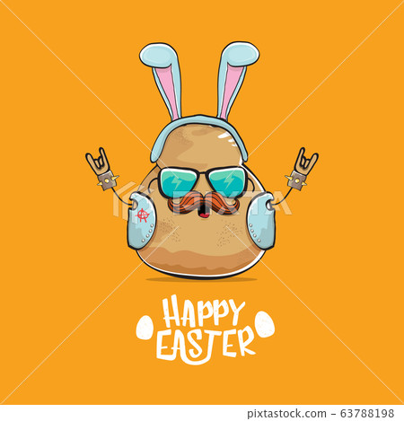 vector rock star easter potato funny cartoon character with blue bunny ears isolated on orange background. rock n roll easter party poster or happy easter greeeting card vector rock star easter potato funny cartoon character with blue bunny ears isolated on orange background. rock n roll easter party poster or happy easter greeeting card 63788198