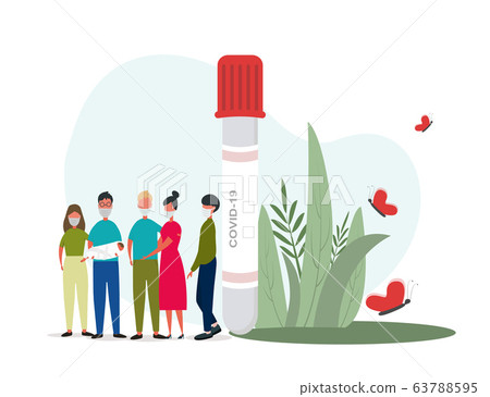 Coronavirus alert. Test tube with blood sample and people wearing protective masks on white background, illustration 63788595