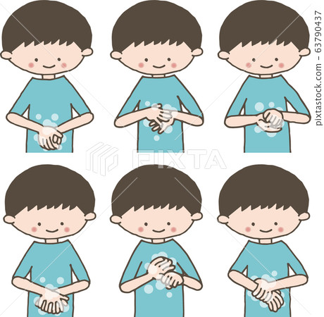 A boy washing hands carefully with soap A boy washing hands carefully with soap 63790437