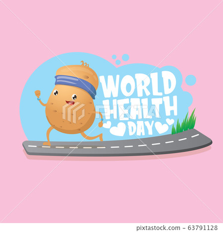 World health care day vector illustration with cartoon funky potato character running or jogging outdoor. Cute sporty healthy vegetable character making cardio sport exercise. Fitness cardio concept 63791128