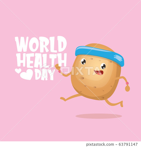 World health care day vector illustration with cartoon funky potato character running or jogging outdoor. Cute sporty healthy vegetable character making cardio sport exercise. Fitness cardio concept World health care day vector illustration with cartoon funky potato character running or jogging outdoor. Cute sporty healthy vegetable character making cardio sport exercise. Fitness cardio concept 63791147