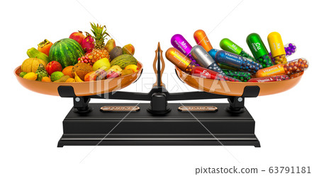 Balance concept, fruits or vitamin supplements 63791181