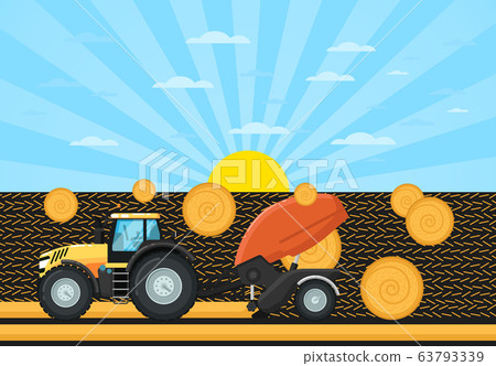 Agricultural Tractor Hay Baler In Field Stock Illustration