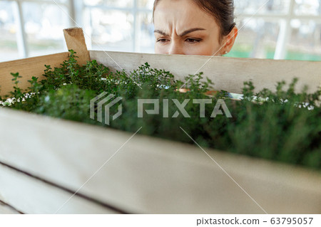Focused dark-haired Caucasian woman staring at plants 63795057