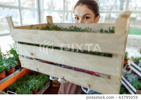 Female botanist with thyme seedlings staring forward 63795059