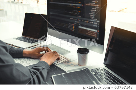 Asian man working code program developer computer 63797142