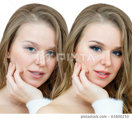 Comparison portrait of adult woman with and without makeup. Comparison portrait of adult woman with and without makeup. 63800250