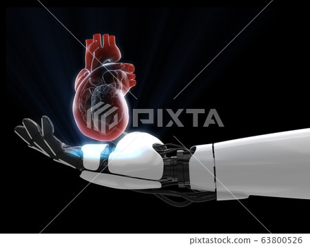 Hologram 3D of human heart on robot hand. 3D rendering. Hologram 3D of human heart on robot hand. 3D rendering. 63800526