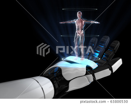 Hologram 3D of anatomy human on robot hand. 3D rendering. Hologram 3D of anatomy human on robot hand. 3D rendering. 63800530