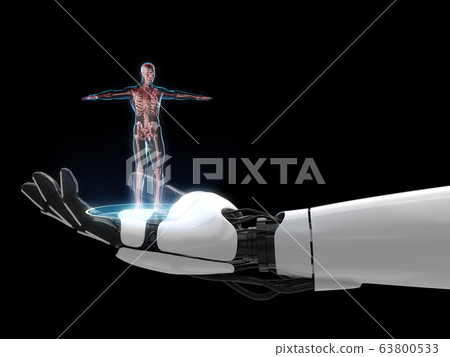 Hologram 3D of anatomy human on robot hand. 3D rendering. Hologram 3D of anatomy human on robot hand. 3D rendering. 63800533