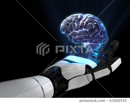 Hologram 3D of brain human on robot hand. 3D rendering. 63800545