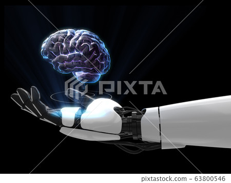 Hologram 3D of brain human on robot hand. 3D rendering. 63800546