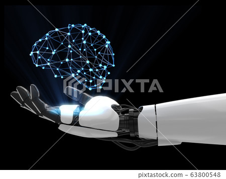 Hologram 3D of brain human on robot hand. 3D rendering. 63800548