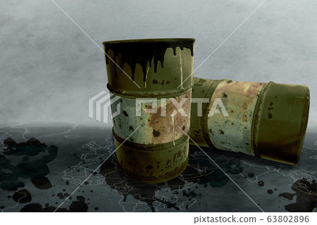 Metal rustic barrels with black liquid like oil 63802896