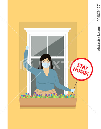 Woman With Board And Inscription Stay Home 63803477