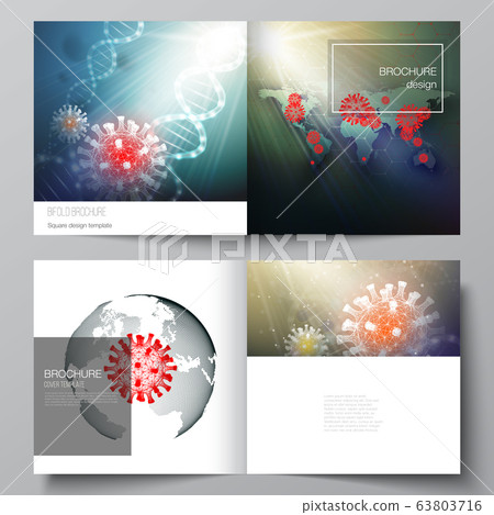 Vector layout of two cover templates for square bifold brochure, flyer, cover design, book design, brochure cover. 3d medical background of corona virus. Covid 19, coronavirus infection. Virus concept 63803716