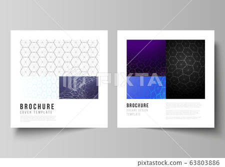 Vector layout of two square format covers design templates for brochure, flyer. Digital technology and big data concept with hexagons, connecting dots and lines, polygonal science medical background. Vector layout of two square format covers design templates for brochure, flyer. Digital technology and big data concept with hexagons, connecting dots and lines, polygonal science medical background. 63803886