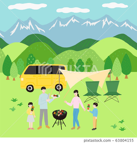 Family enjoying barbecue Auto camp 63804155