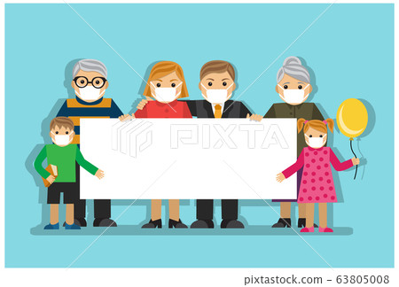 friendly family in virus-protected masks holds a poster with empty space for text friendly family in virus-protected masks holds a poster with empty space for text 63805008