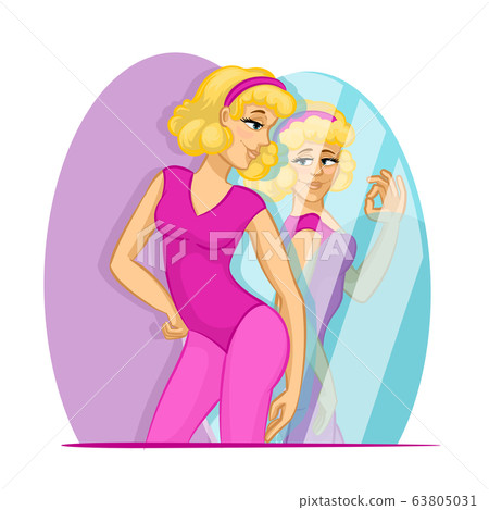 Cartoon Color Character Person Female Watch Mirror Concept. Vector Cartoon Color Character Person Female Watch Mirror Concept. Vector 63805031