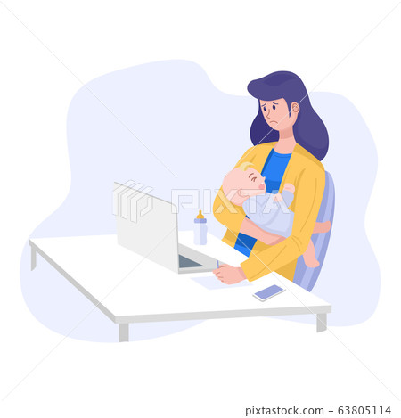 Work from home concept, Stressed mother with crying baby working on laptop computer at home. Vector Work from home concept, Stressed mother with crying baby working on laptop computer at home. Vector 63805114