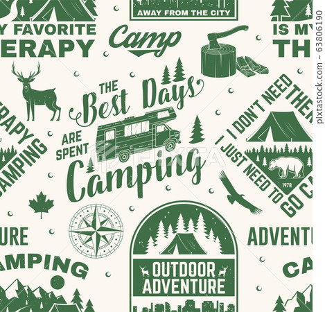 Set of outdoor adventure seamless pattern. Vector. Seamless camping pattern with hiking boots, camping tent, lantern, axe, mountains, bear, deer, forest silhouette. Camping texture 63806190