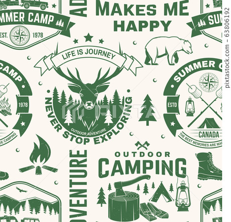 Set of outdoor adventure seamless pattern. Vector. Seamless camping pattern with hiking boots, camping tent, lantern, axe, mountains, bear, deer, forest silhouette. Camping texture Set of outdoor adventure seamless pattern. Vector. Seamless camping pattern with hiking boots, camping tent, lantern, axe, mountains, bear, deer, forest silhouette. Camping texture 63806192