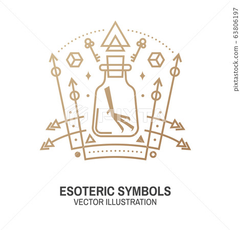 Esoteric symbols. Vector. Thin line geometric badge. Outline icon for alchemy or sacred geometry. Mystic and magic sacred geometry tattoo design with unreal geometrical cube, moon, sun 63806197
