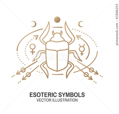 Esoteric symbols. Vector. Thin line geometric badge. Outline icon for alchemy, sacred geometry Mystic and magic design with egyptian scarab beetle, stars,moon, sun, planets and magic sign 63806203
