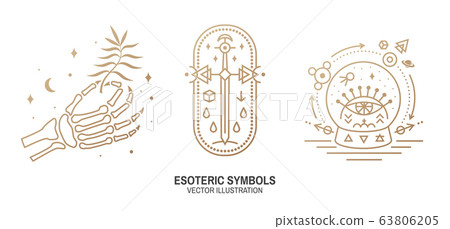 Esoteric symbols. Vector. Thin line geometric badge. Outline icon for alchemy, sacred geometry. Mystic and magic design with human skeleton bone hand, old sword and glass ball and all-seeing eye 63806205