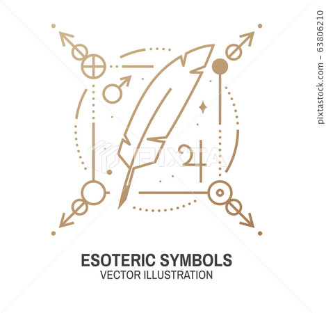 Esoteric symbols. Vector illustration. Thin line geometric badge. Outline icon for alchemy, sacred geometry. Mystic and magic design with feather, stars, planets and moon. 63806210