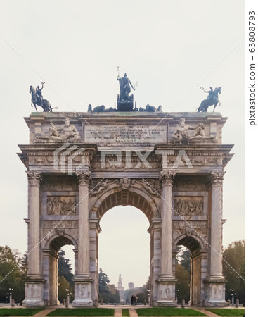 Triumphal arch called Arco della Pace means The Arch of Peace in Porta Sempione district in Milan, Lombardy region in Northern Italy 63808793