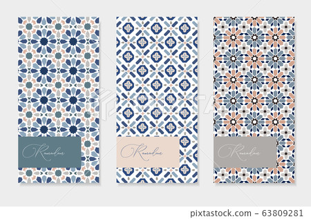 Set of brochure, menu card templates. Ramadan Kareem greeting cards with hand drawn blue Moroccan patterns. Islamic backgrounds, web banners. Portuguese azulejos tiles design. Vector illustrations. Set of brochure, menu card templates. Ramadan Kareem greeting cards with hand drawn blue Moroccan patterns. Islamic backgrounds, web banners. Portuguese azulejos tiles design. Vector illustrations. 63809281