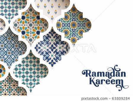 Close-up of colorful ornamental arabic tiles, patterns through white mosque window. Greeting card, invitation for Muslim holiday Ramadan Kareem. Vector illustration bacground, modern web banner. 63809284