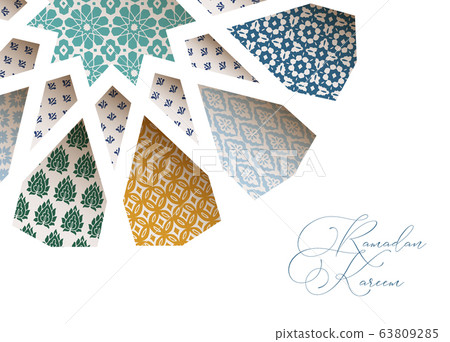Close-up of colorful ornamental Morroccan tiles through white arab star shape pattern. Greeting card, invitation for Muslim holiday Ramadan Kareem, vector illustration bacground, web banner design. 63809285
