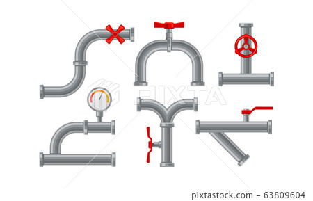 Pipe Fitting or Adapters with Valves Isolated on White Background Vector Set 63809604