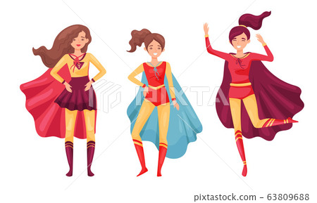 Women Superheros Wearing Cloak and Posing... - Stock Illustration ...