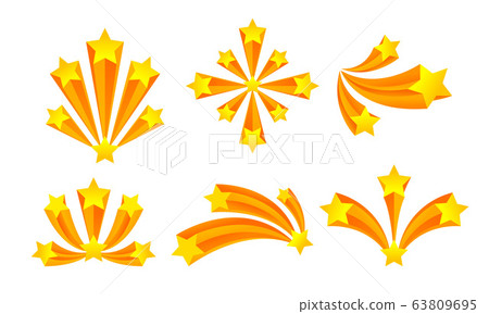 Star Fireworks or Salute Explosion with Flaring Sparkles Vector Set 63809695