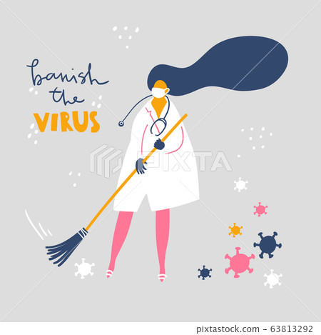 Banish the virus. Medical worker sweeps the virus away. Concept vector illustration. Banish the virus. Medical worker sweeps the virus away. Concept vector illustration. 63813292